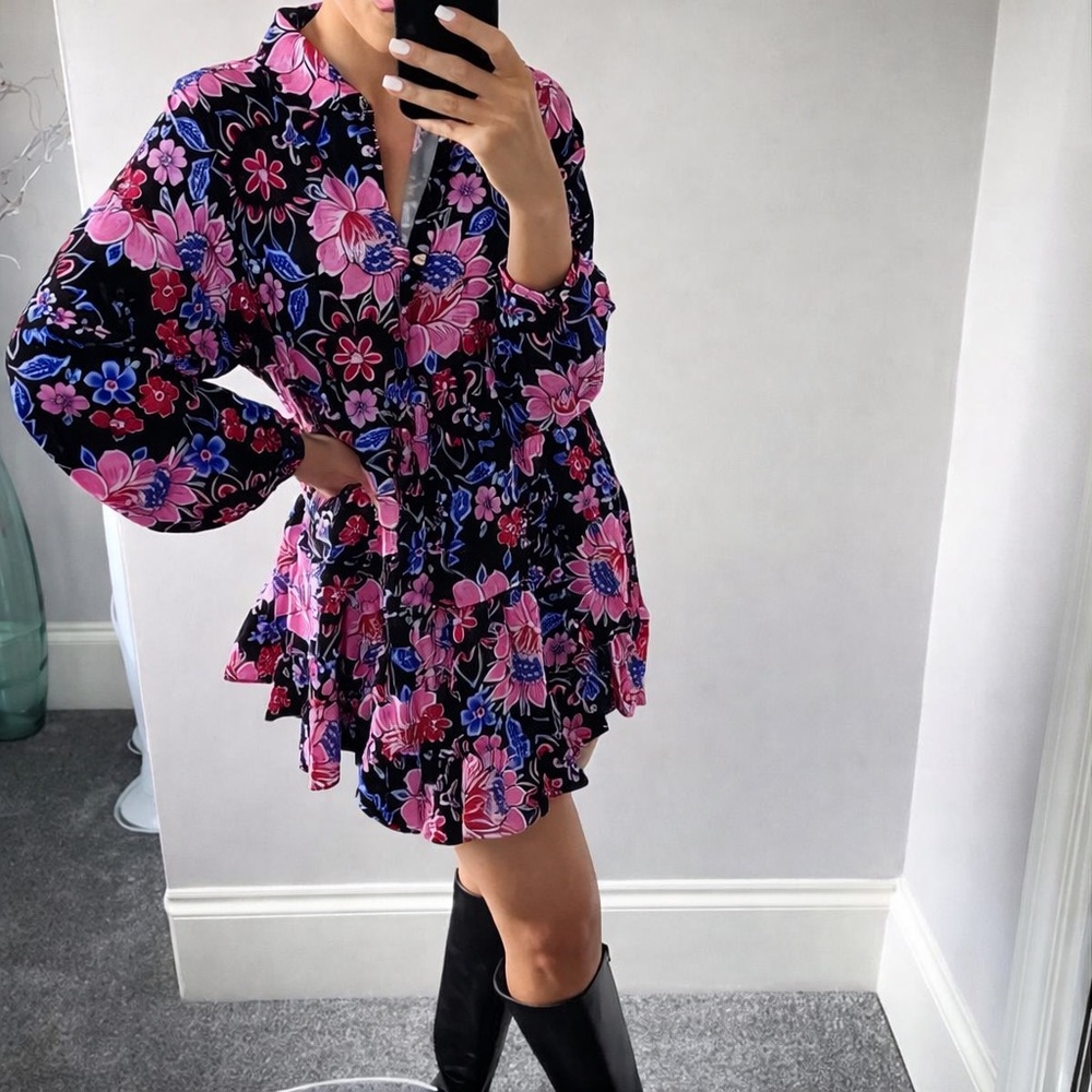 NWT Zara Black Pink Blue Floral Long Sleeve Button Up Dress M 8514/167 Bloggers